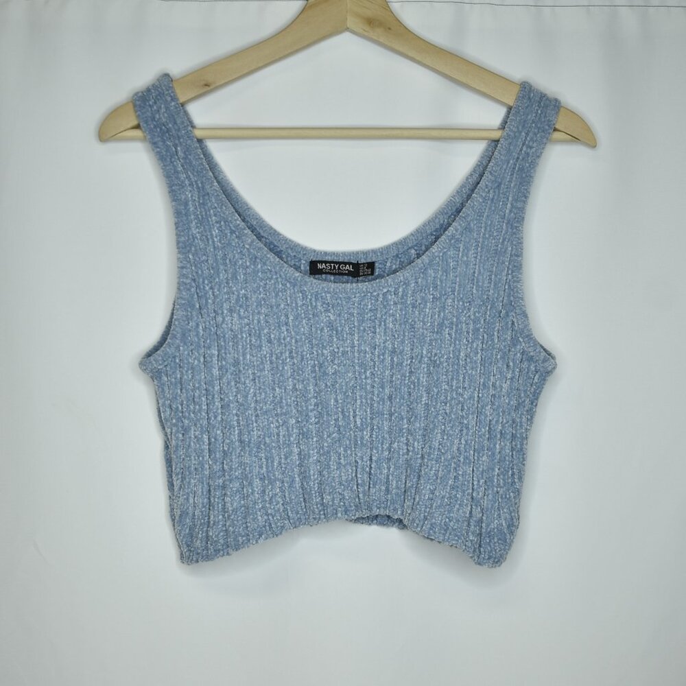 Nasty Gal Women's Top Crop Baby Blue Sleeveless Stretch Knit Ribbed Velvet